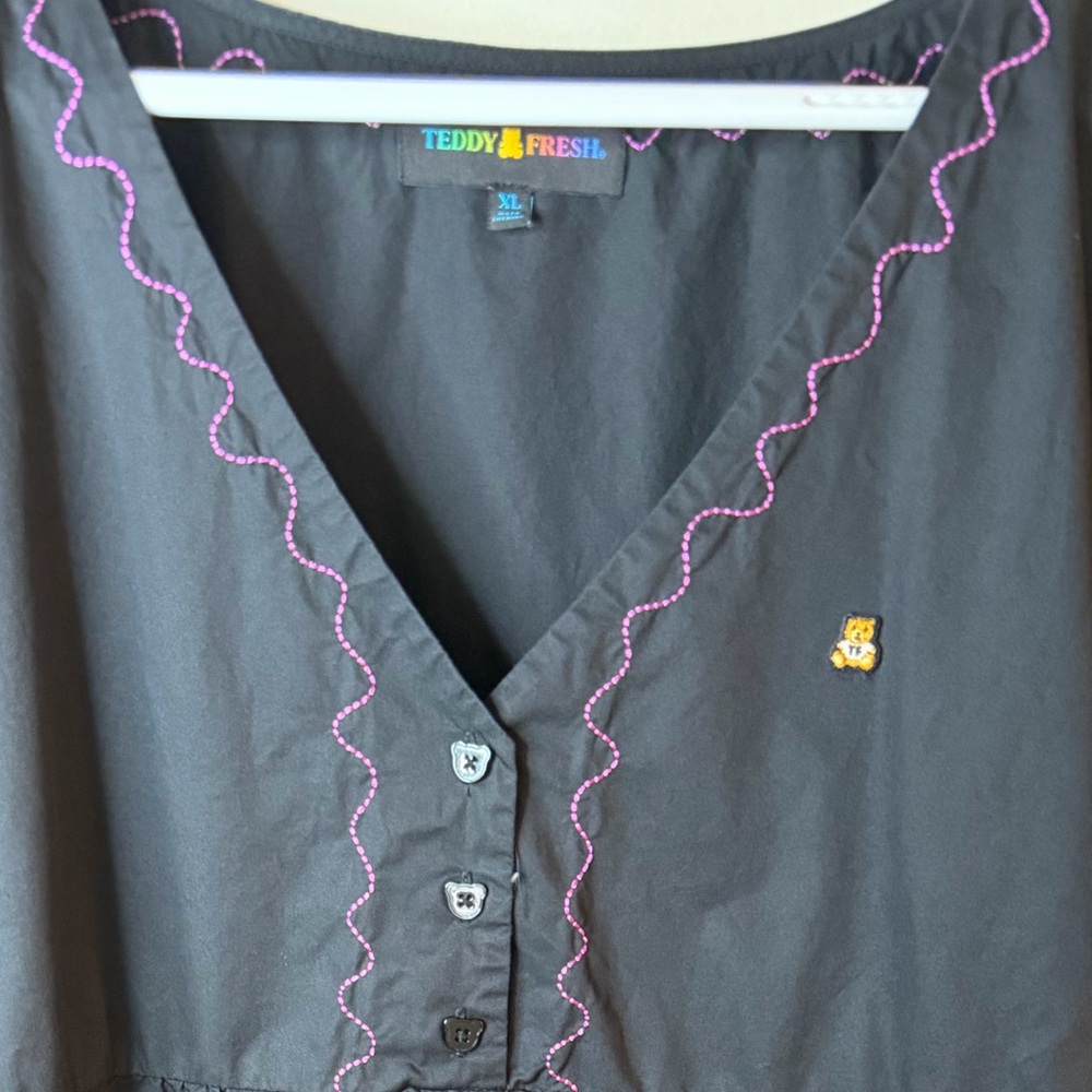 Teddy Fresh Black Embroidered Babydoll Dress XL Floral Bear Buttons - Picture 9 of 10